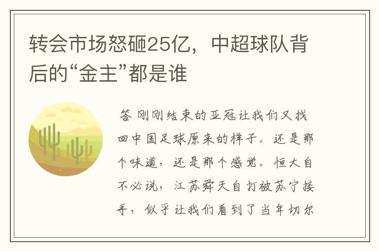 转会市场怒砸25亿,中超球队背后的“金主”都是谁