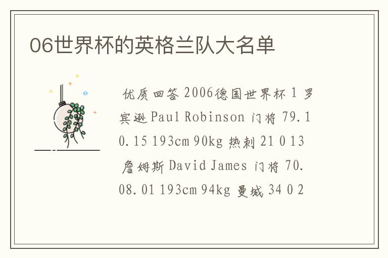 06世界杯的英格兰队大名单