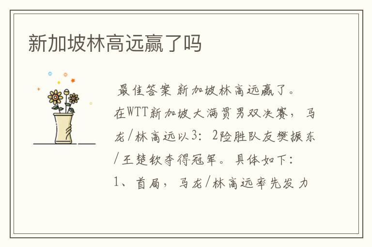 新加坡林高远赢了吗