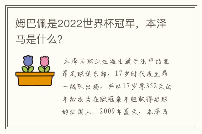 姆巴佩是2022世界杯冠军,本泽马是什么?