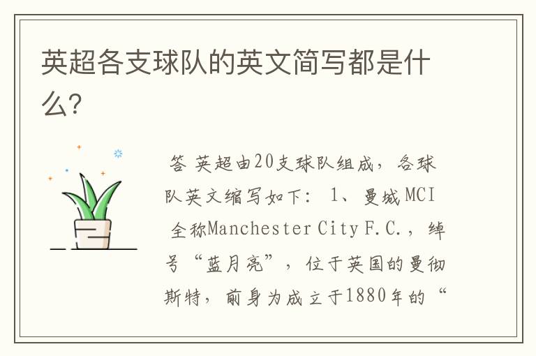 英超各支球队的英文简写都是什么?