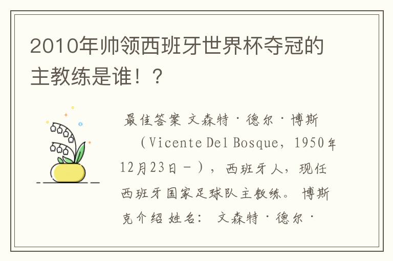 2010年帅领西班牙世界杯夺冠的主教练是谁!?