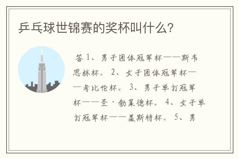 乒乓球世锦赛的奖杯叫什么?