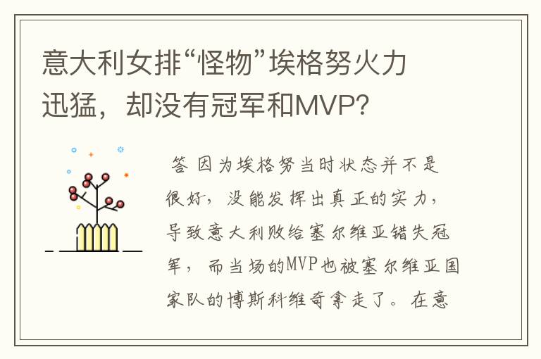 意大利女排“怪物”埃格努火力迅猛,却没有冠军和MVP?