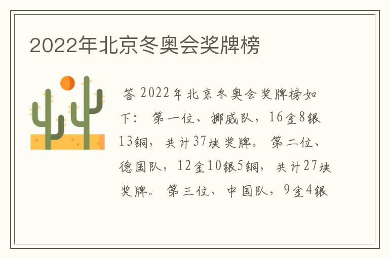 2022年北京冬奥会奖牌榜