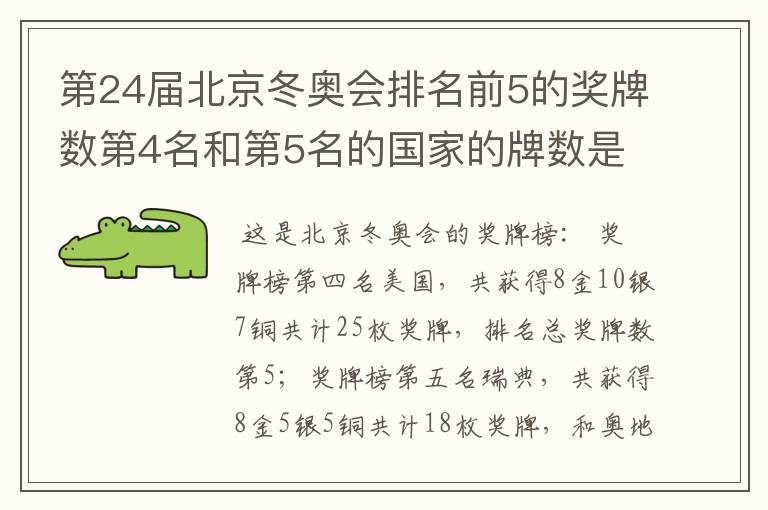 第24届北京冬奥会排名前5的奖牌数第4名和第5名的国家的牌数是多少?