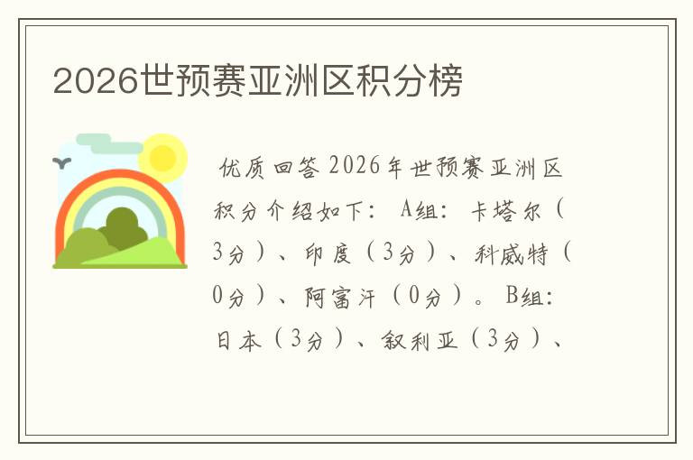 2026世预赛亚洲区积分榜