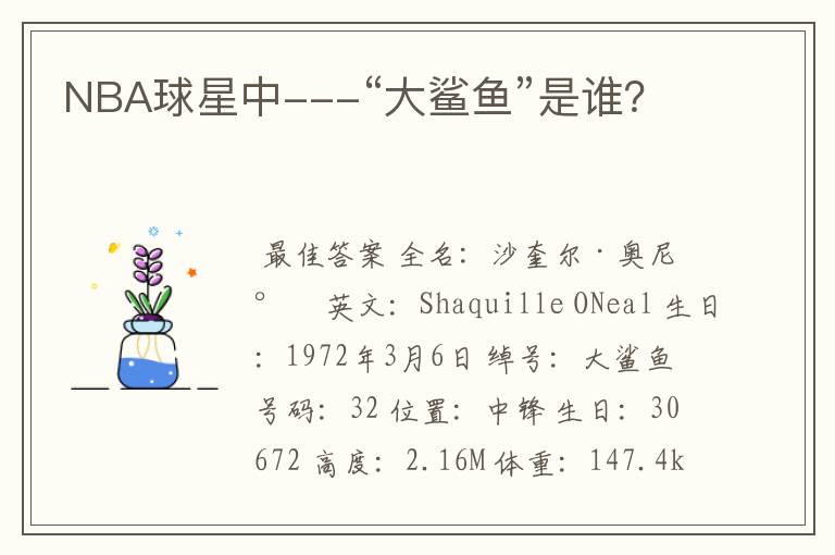 NBA球星中---“大鲨鱼”是谁?