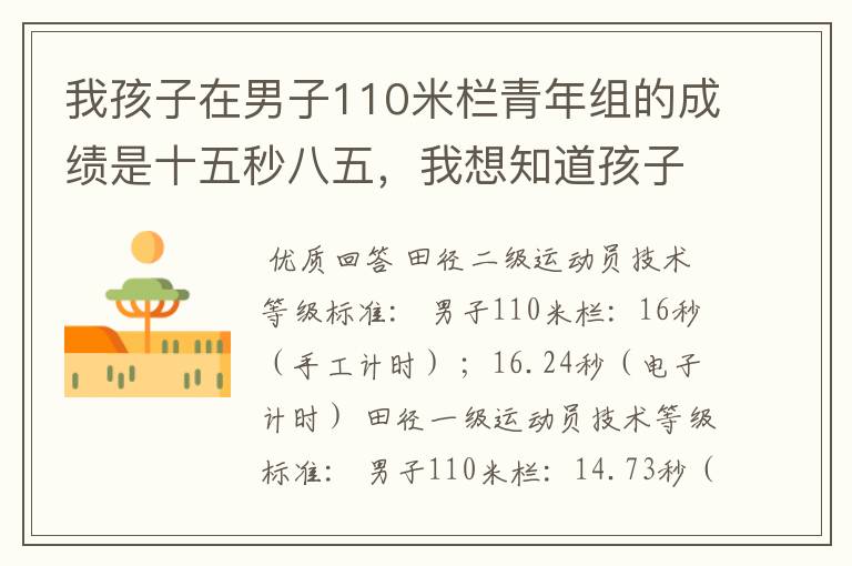 我孩子在男子110米栏青年组的成绩是十五秒八五,我想知道孩子这个组他这成绩能达到国家二级运动员的