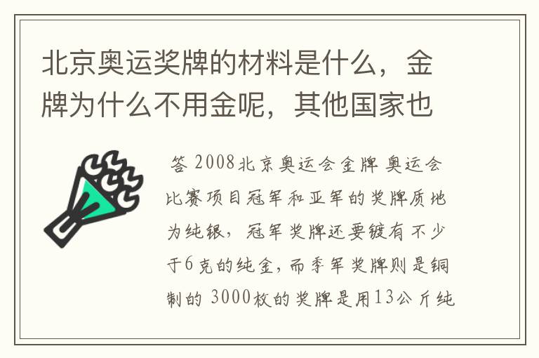 北京奥运奖牌的材料是什么,金牌为什么不用金呢,其他国家也不用金吗