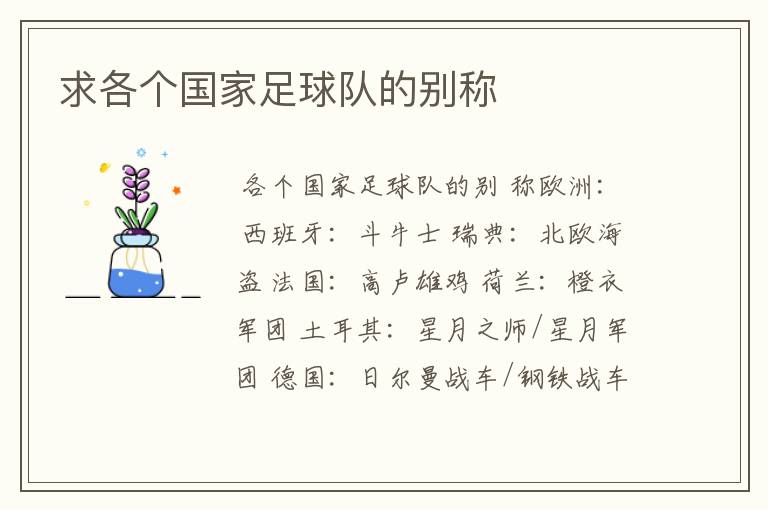求各个国家足球队的别称