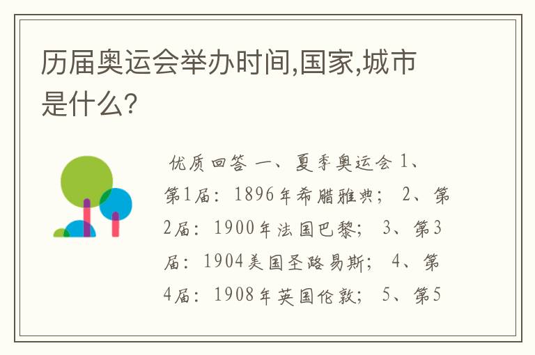 历届奥运会举办时间,国家,城市是什么？