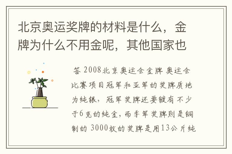 北京奥运奖牌的材料是什么,金牌为什么不用金呢,其他国家也不用金吗