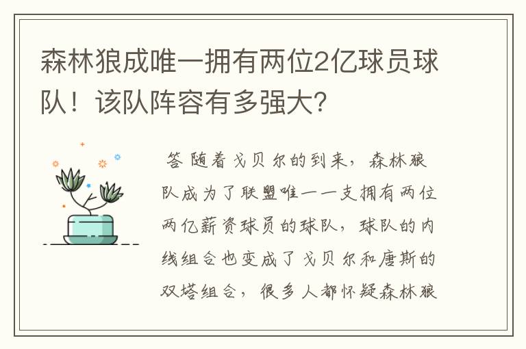 森林狼成唯一拥有两位2亿球员球队!该队阵容有多强大?