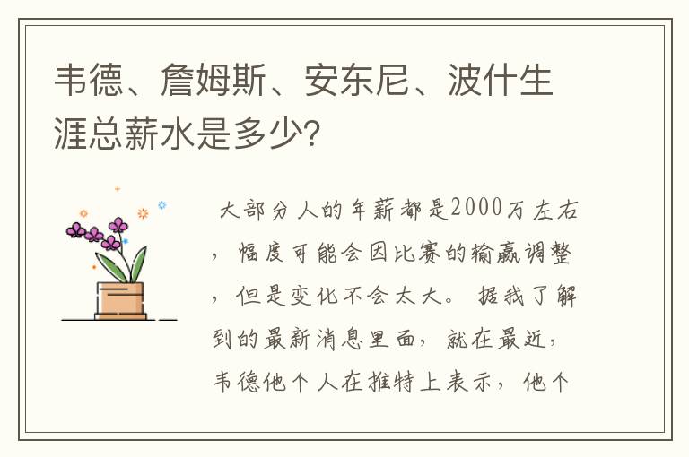 韦德、詹姆斯、安东尼、波什生涯总薪水是多少?