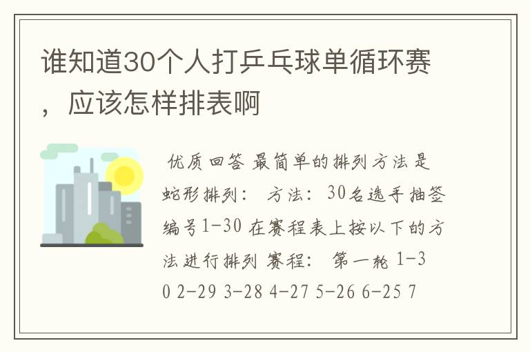 谁知道30个人打乒乓球单循环赛,应该怎样排表啊