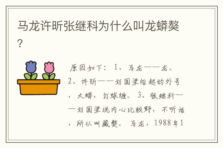 马龙许昕张继科为什么叫龙蟒獒?