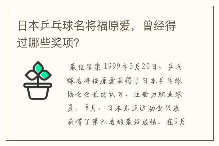 日本乒乓球名将福原爱,曾经得过哪些奖项?