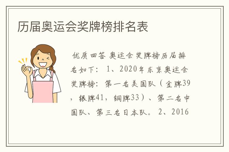 历届奥运会奖牌榜排名表