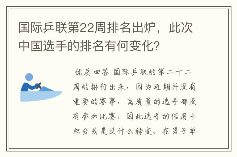 国际乒联第22周排名出炉,此次中国选手的排名有何变化?