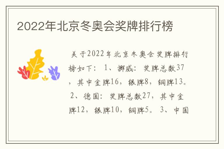 2022年北京冬奥会奖牌排行榜