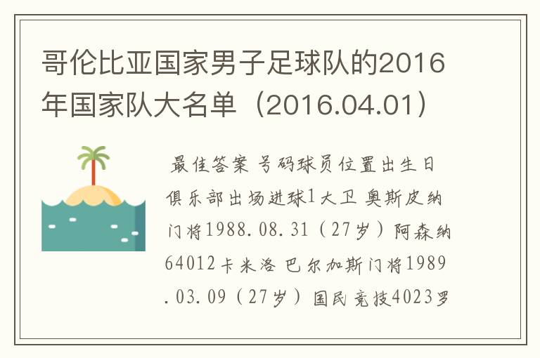 哥伦比亚国家男子足球队的2016年国家队大名单(2016.04.01)