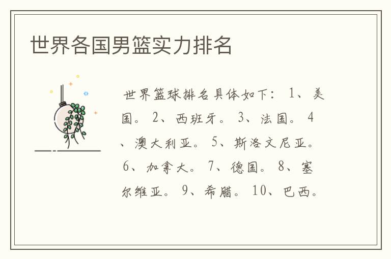 世界各国男篮实力排名