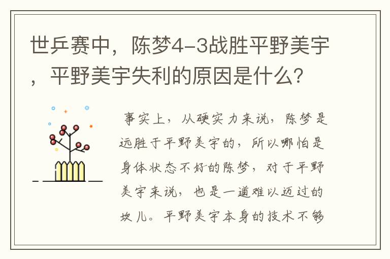 世乒赛中,陈梦4-3战胜平野美宇,平野美宇失利的原因是什么?