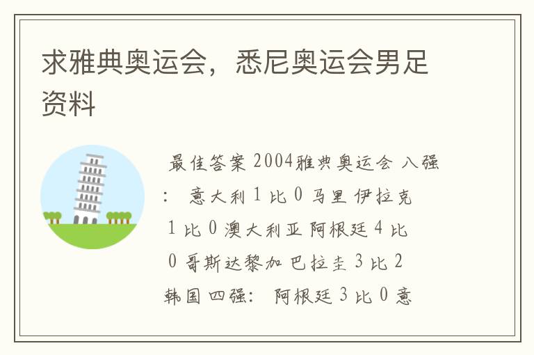 求雅典奥运会,悉尼奥运会男足资料