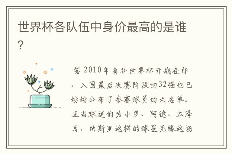 世界杯各队伍中身价最高的是谁?