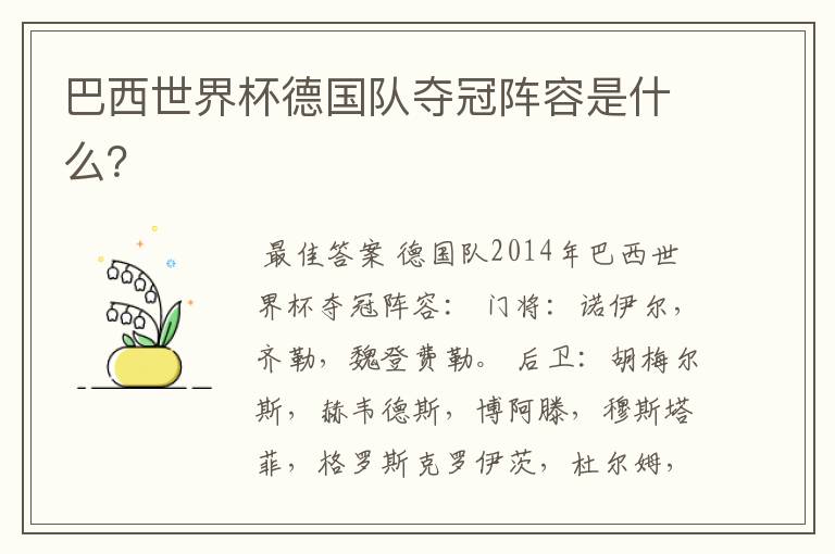 巴西世界杯德国队夺冠阵容是什么?