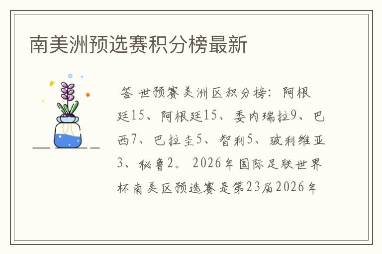 南美洲预选赛积分榜最新
