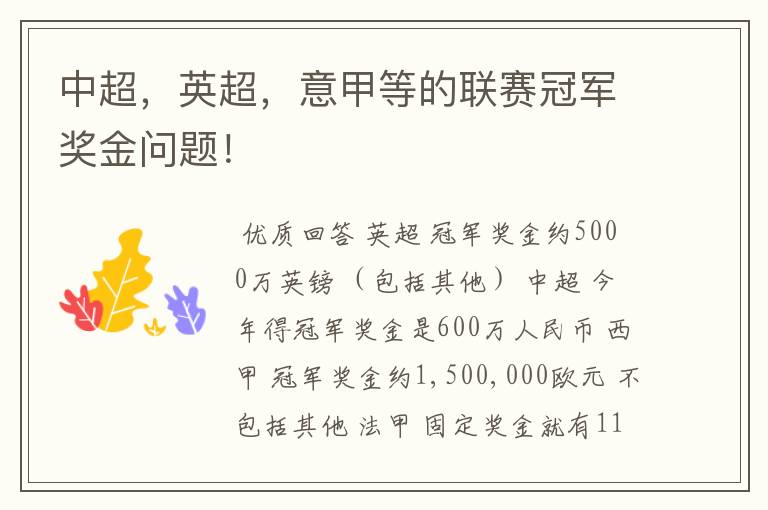 中超,英超,意甲等的联赛冠军奖金问题!