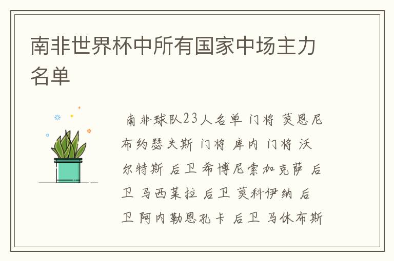 南非世界杯中所有国家中场主力名单