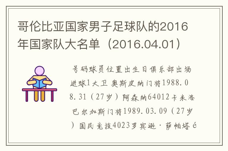 哥伦比亚国家男子足球队的2016年国家队大名单(2016.04.01)