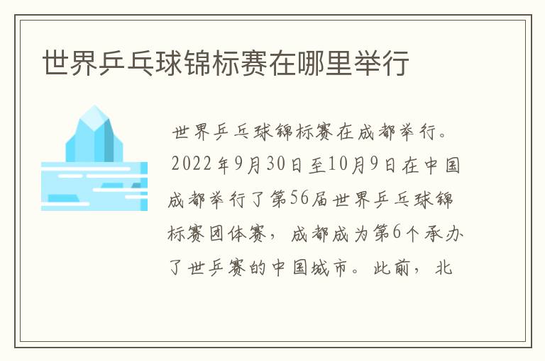 世界乒乓球锦标赛在哪里举行