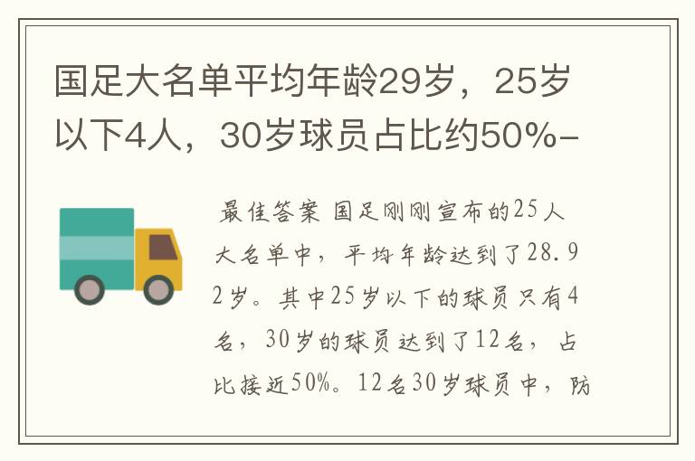 国足大名单平均年龄29岁,25岁以下4人,30岁球员占比约50%-