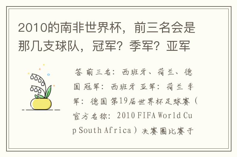 2010的南非世界杯,前三名会是那几支球队,冠军?季军?亚军?