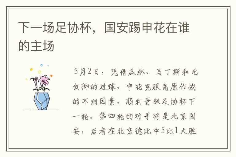 下一场足协杯,国安踢申花在谁的主场