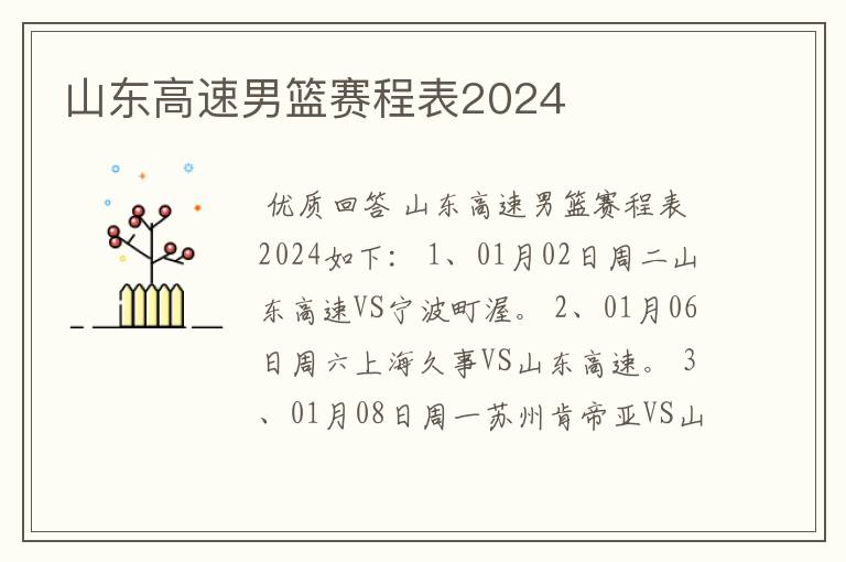 山东高速男篮赛程表2024