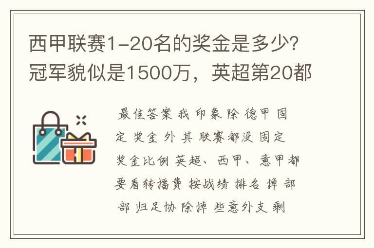 西甲联赛1-20名的奖金是多少?冠军貌似是1500万,英超第20都是4000万呀!
