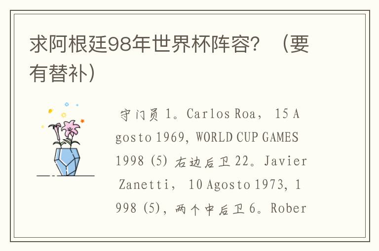 求阿根廷98年世界杯阵容?(要有替补)