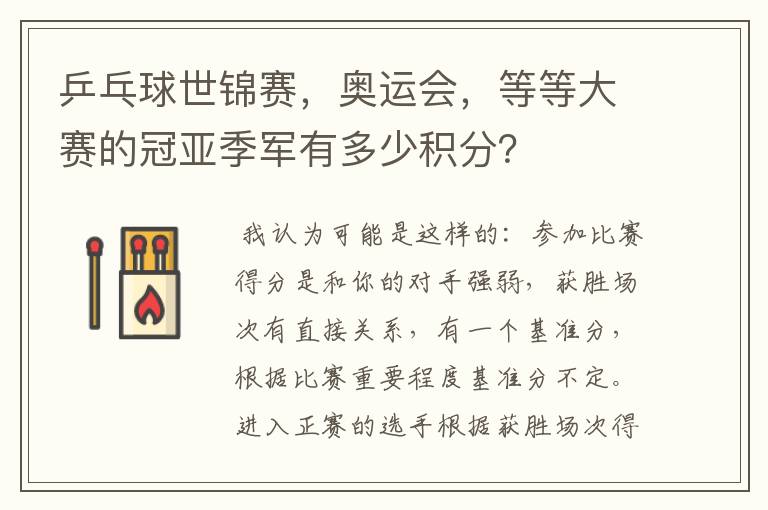 乒乓球世锦赛,奥运会,等等大赛的冠亚季军有多少积分?