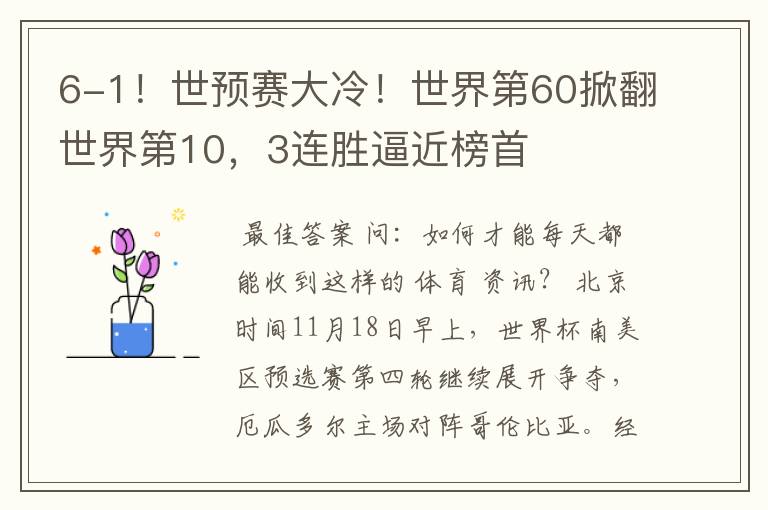 6-1!世预赛大冷!世界第60掀翻世界第10,3连胜逼近榜首