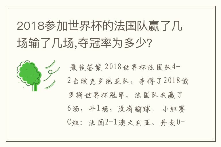 2018参加世界杯的法国队赢了几场输了几场,夺冠率为多少?