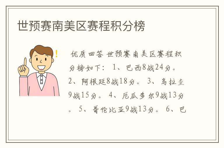 世预赛南美区赛程积分榜