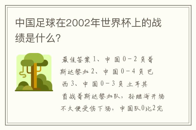 中国足球在2002年世界杯上的战绩是什么?
