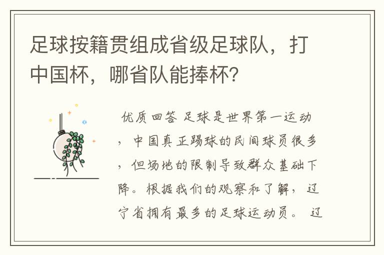 足球按籍贯组成省级足球队,打中国杯,哪省队能捧杯?