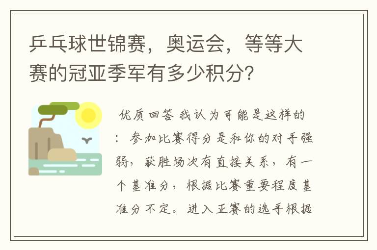 乒乓球世锦赛,奥运会,等等大赛的冠亚季军有多少积分?