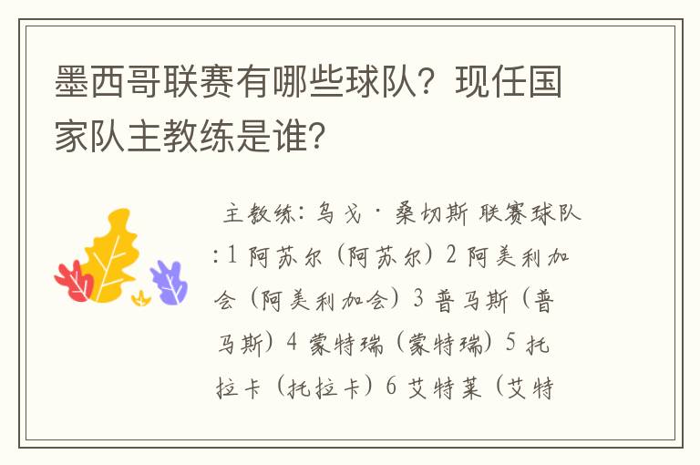 墨西哥联赛有哪些球队?现任国家队主教练是谁?